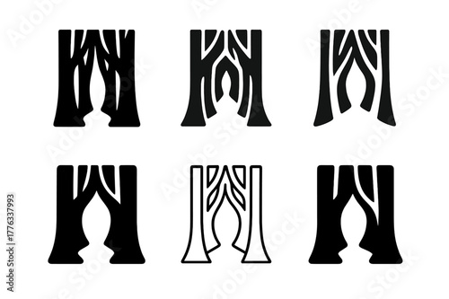 Forest Shortcut Logos. Forest shortcut. Set Logo of Forest shortcut: tree trunks forming opening. harmonious logo variations of the same emblematic concept,