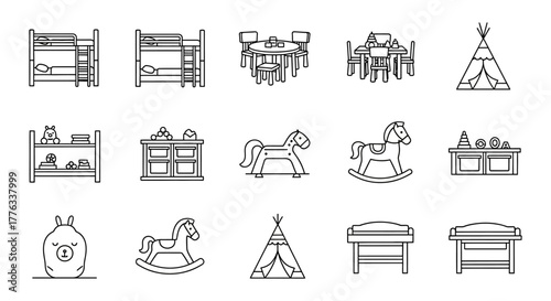 kids furniture set featuring bunk beds rocking horses and toy storage perfect for illustrating childrens room decor and creative play spaces