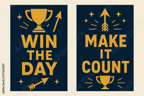 Motivational Victory Banners. Win the day. Two vertical A6 banners with safe margins, centered composition, no elements touching edges, bold, navy and gold,