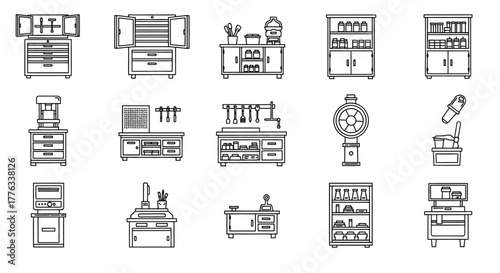 workshop equipment icons line art illustrations of cabinets workbenches tools and storage in a workshop providing visuals for industrial catalogs