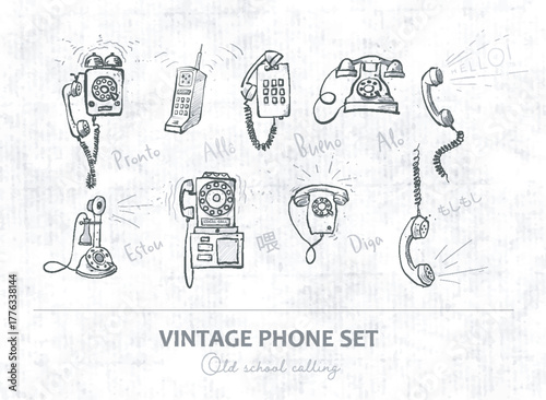 Vintage phone doodles on old paper background with greetings in different languages, hand-drawn vector set