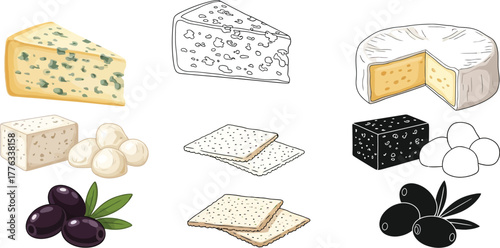 Cheese platter with crackers and olives gourmet food still life