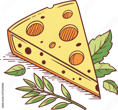 Delicious cheese wedge with fresh green herbs, gourmet food item