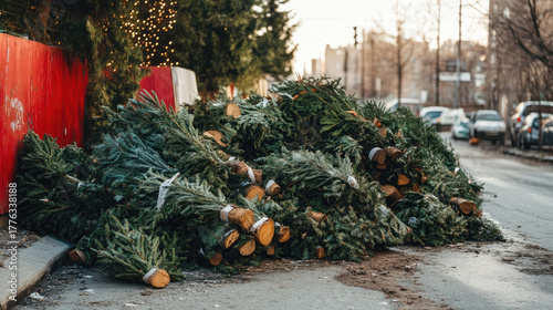 Pile of discarded Christmas trees collected for recycling on urban street after holidays, eco awareness, sustainable lifestyle, waste management, seasonal cleanup, copy space, stock photo composition