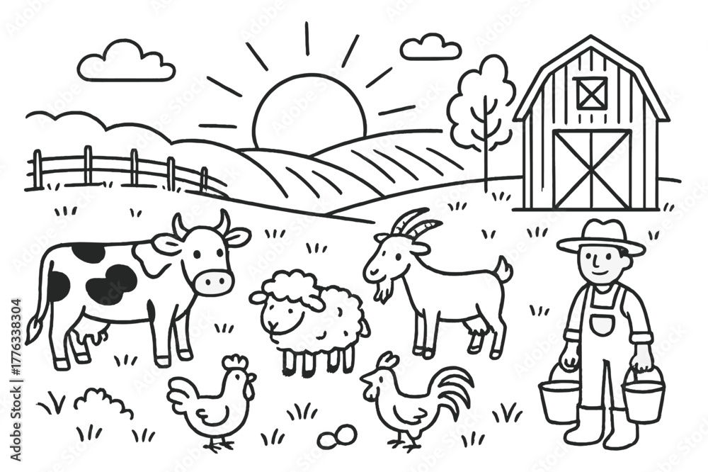 Obraz premium Farm Animals at Dawn. Farm animals at dawn. Hand-drawn doodle illustration cow, sheep, goat, rooster, hen, barn, sunrise, field, grass, fence, tree, cloud, sun