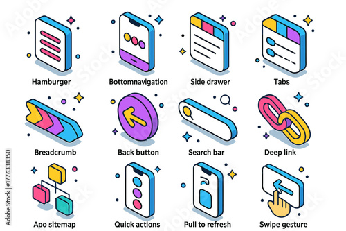 Colorful Navigation Icons. Navigation patterns. Colorful isometric vector icons set of navigation patterns: hamburger menu, bottom navigation, side drawer,
