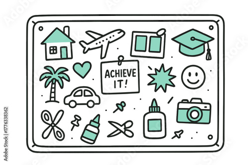 Vision Board Doodles. // Vision board. Hand-drawn doodle illustration vision board [pin board (accented), photo frames (accented), house sketch, airplane, palm