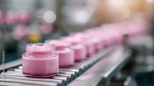 Pink cream jars on a factory belt, industrial efficiency in cosmetic production, supply chain dynamics in jar processing, manufacturing innovation in beauty tech, production flow i