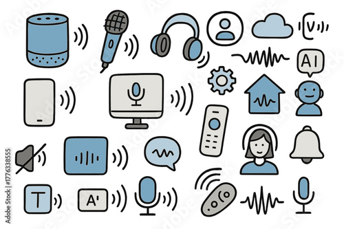 Speech Tech Doodle. Speech-controlled devices. Hand-drawn doodle illustration smart speaker (colored), microphone (colored), headphones (colored), smartphone