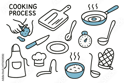 Cooking Doodle Icons. // Cooking process. Hand-drawn doodle illustration cooking process [peeling hand (accented), chopping board, frying pan (accented),