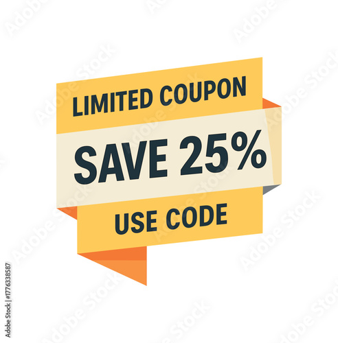 Flat vector folded strip design top text LIMITED COUPON main text SAVE 25% bottom text USE CODE folded ribbon with orange edge gray background