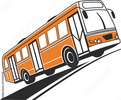 Orange public city bus ascending road, simple flat vector design