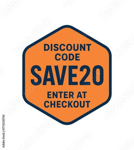 Flat vector badge design top text DISCOUNT CODE main text SAVE20 bottom text ENTER AT CHECKOUT rounded hexagonal badge with orange and navy palette
