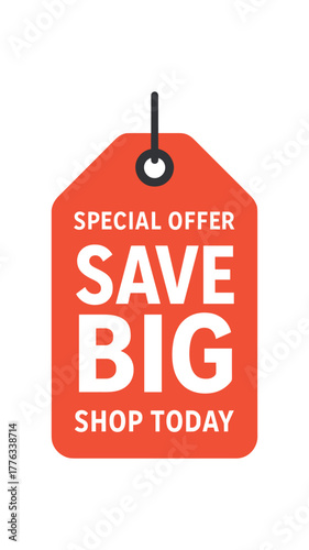 Flat vector tag design top text SPECIAL OFFER main text SAVE BIG bottom text SHOP TODAY bold red hanging tag with shadow outline