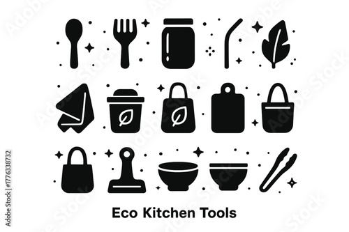 Eco Kitchen Icons. Eco Kitchen Tools. Solid icons set of Eco Kitchen Tools: bamboo spoon, wooden fork, glass jar, reusable straw, cotton towel, compost bin,