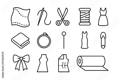 Fabric Icon Set. Fabric details. Line icon set of fabric details: organza fabric, sewing needle, thread, scissors, spool of thread, folded fabric, embroidery