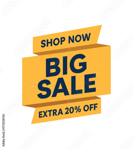 Flat vector folded strip design top text SHOP NOW main text BIG SALE bottom text EXTRA 20% OFF gold folded strip on navy base