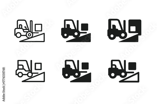 Industrial Logo Designs. Material handling at industrial sites. Set Logo of Material handling at industrial sites: Loading dock ramp. Icon set. harmonious logo