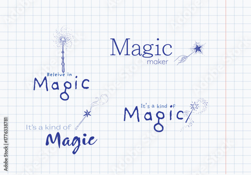 Set of blue magic-themed vector inscriptions with stars, wands, and sparkles drawn on graph paper