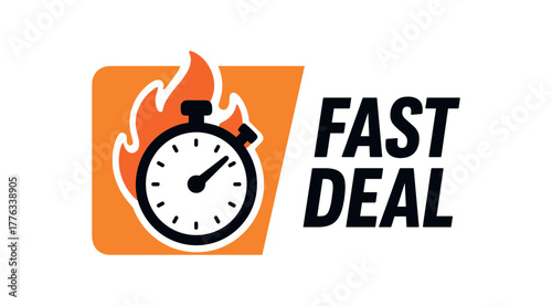 Flat vector banner design icon of stopwatch and flame together near text FAST DEAL orange and black rectangular layout dynamic contrast