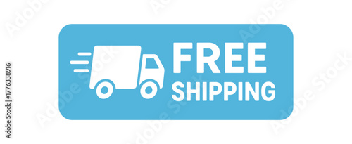 Flat vector banner design icon of delivery truck beside text FREE SHIPPING light blue flat rectangle