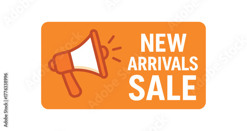 Flat vector banner design icon of megaphone near text NEW ARRIVALS SALE orange and white modern rectangle