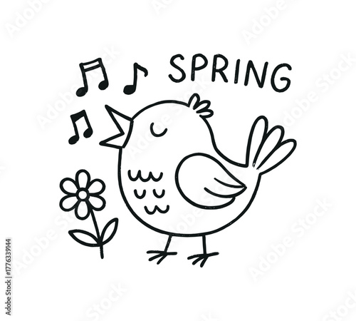 handdrawn cute doodle style spring bird singing vector line illustration