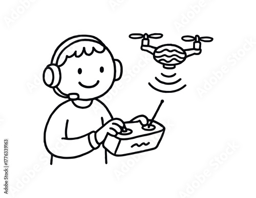 handdrawn cute doodle style bathymetric scan drone pilot vector line illustration