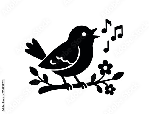 spring bird singing flat black solid vector illustration isolated on white background