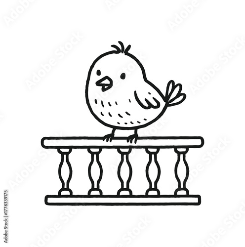 handdrawn cute doodle style bird on balcony railing vector line illustration