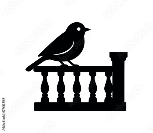 bird on balcony railing flat black solid vector illustration isolated on white background