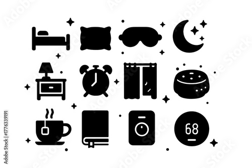 Sleep Hygiene Icons. Sleep hygiene. Solid icons set of Sleep hygiene: bed, pillow, sleep mask, moon, nightstand, alarm clock, blackout curtain, white noise