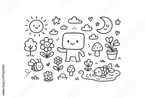 handdrawn cute doodle style immersive 3D scene creator vector line illustration