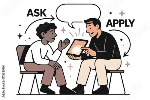 Mentorship in Motion. Learning with a mentor. Two figures share a tablet like a lantern; arrows flow from ?Ask? to ?Apply?. A speech bubble forms a bridge