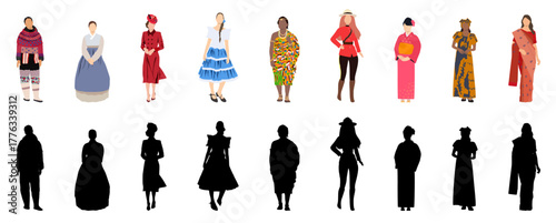 Diverse group of woman wearing traditional clothing from different cultures around the world.