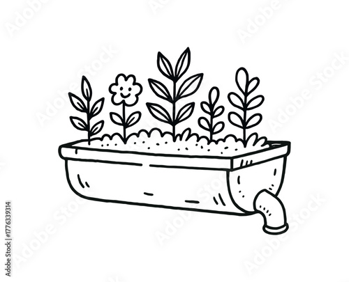 handdrawn cute doodle style rainwater trough planter vector line illustration