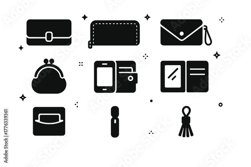 Women's Wallet Icons. Women?s wallets. Solid icons set of women?s wallets: continental wallet, zip-around wallet, clutch wallet, wristlet wallet, coin purse,