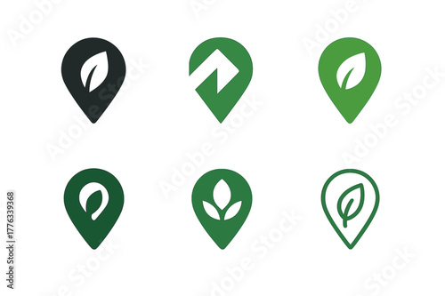Urban Foraging Logos. Urban foraging. Set Logo of Urban foraging: map pin with leaf. harmonious logo variations of the same emblematic concept, each with