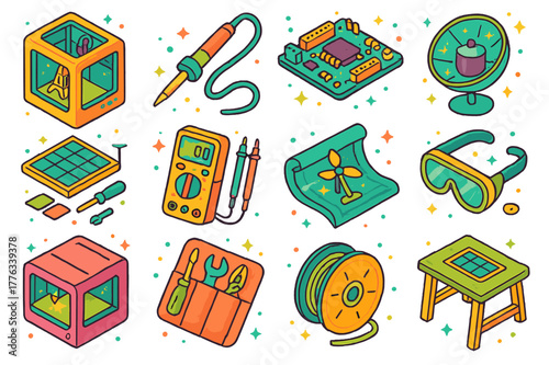 Solarpunk Maker Tools. solarpunk maker tools. Colorful isometric vector icons set of solarpunk maker tools: desktop 3d printer, soldering iron, microcontroller