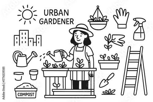 Urban Gardening Essentials. Urban gardener. Hand-drawn doodle illustration urban gardener balcony plants, watering can, gloves, spray bottle, pot, shovel,