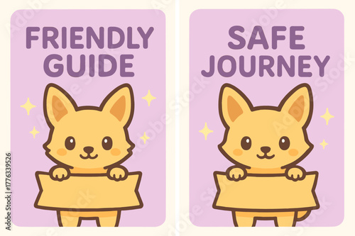 Kawaii Jackal Banner. Gentle Protector. Two vertical A6 banners with safe margins, centered composition, no elements touching edges, kawaii, lavender and