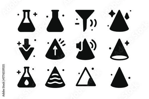 Science Cones Icons. Science cones. Solid icons set of science cones: conical flask, Erlenmeyer flask, lab cone, funnel cone, cone diagram, pressure cone,