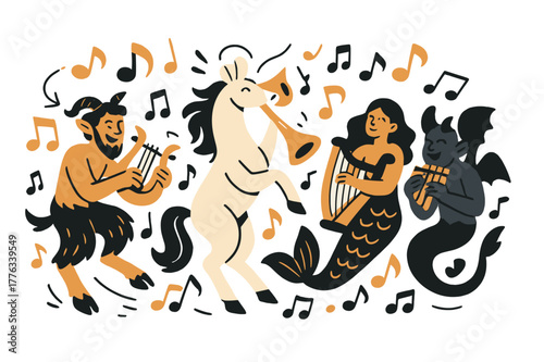 Mythical Musical Harmony. Mythological creatures playing musical instruments, surrounded by notes and symbols, with a lively and festive atmosphere. The