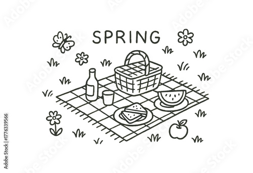 handdrawn cute doodle style spring picnic scene vector line illustration