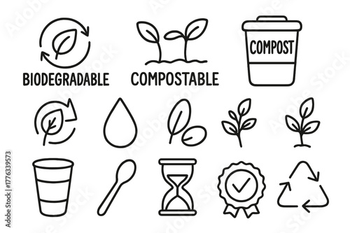 Eco-Friendly Icons. Biodegradable and compostable marks. Hand-drawn doodle illustration Biodegradable and compostable marks leaf circle, sprout, compost bin,