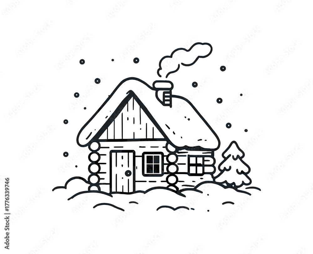 Fototapeta premium handdrawn cute doodle style snowy cabin vector line illustration