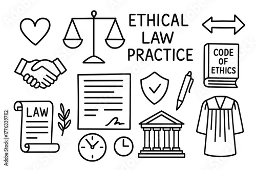 Ethical Law Icons. Ethical law practice. Hand-drawn doodle illustration ethical law practice justice scales, heart, handshake, code of ethics book, document,