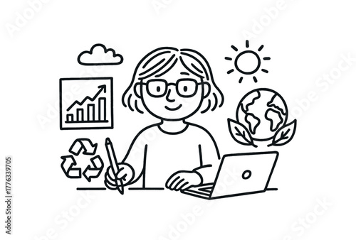handdrawn cute doodle style sustainability data analyst vector line illustration