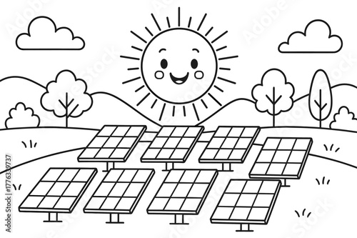 Solar Farm Coloring Page. Solar farm children?s coloring book illustration, outlined drawing, a field of solar panels facing a big smiling sun with hills and