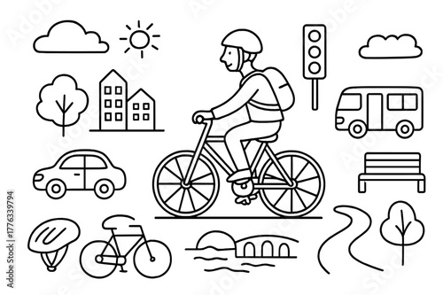 Urban Cycling Doodle. Urban cycling. Hand-drawn doodle illustration bicycle, cyclist, helmet, backpack, road, car, bus, traffic light, bridge, river, tree,